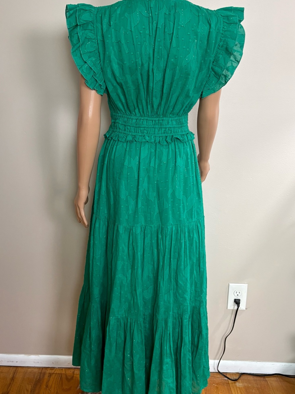 BOHO! Women's KARINA GRIMALDI Kelly Green KARLA Tiered RUFFLE Sleeve MAXI DRESS - Picture 5 of 7